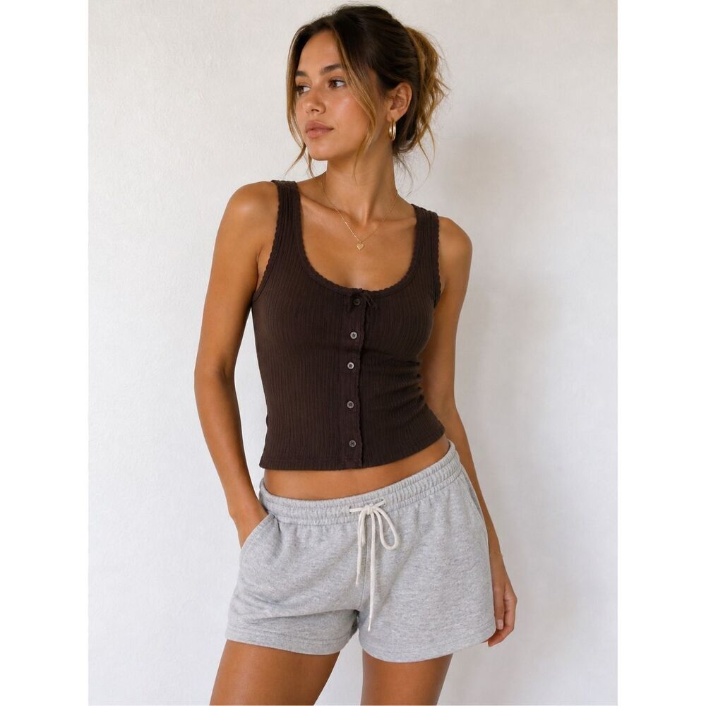 Aerie Brown Ribbed Button Tank Top M Soft Stretch Casual Basic